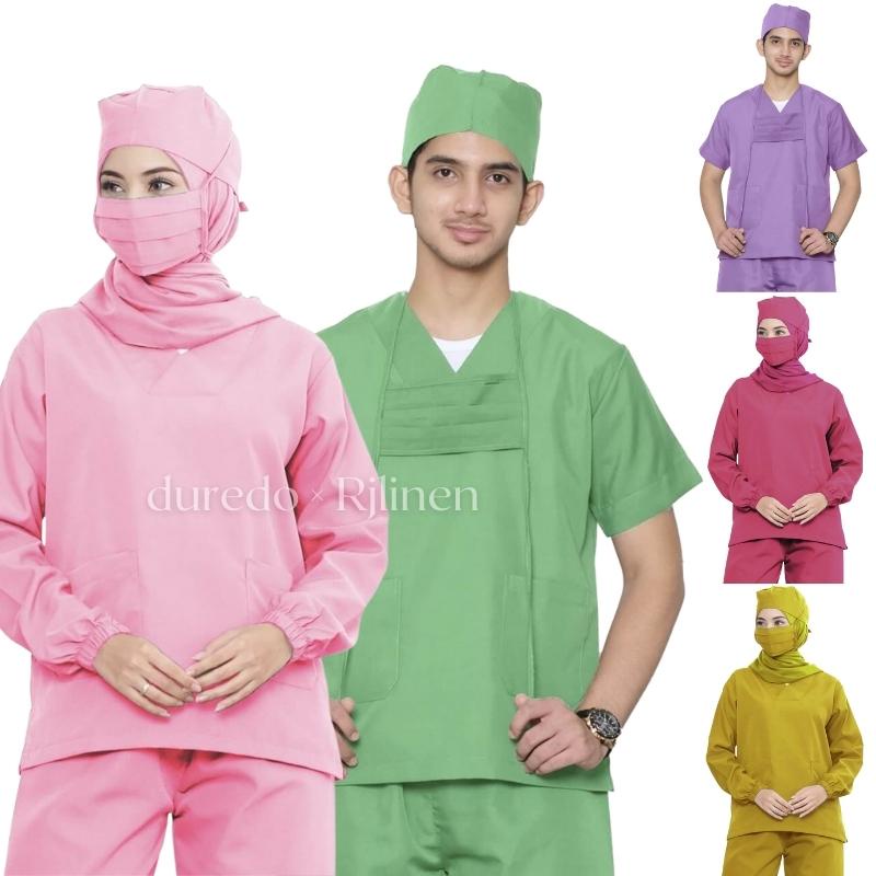 RJLINEN Baju Seragam OKA Perawat Suster Petugas Klinik Bidan Rumah Sakit Scrub Medis OK Lengan Pendek Panjang Unisex