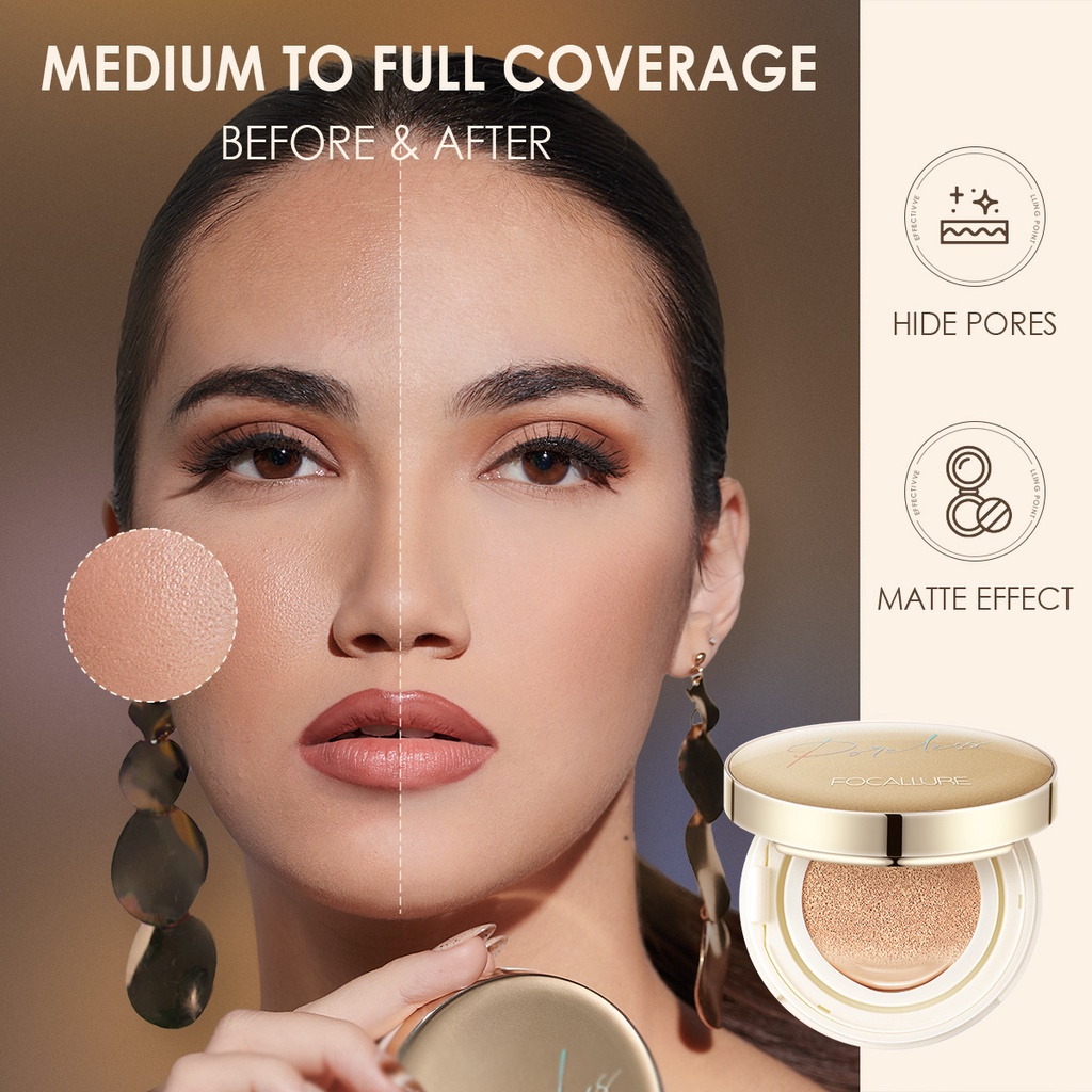 Focallure #GoldenAge Poreless BB Cushion Full Coverage Waterproof Long-Lasting Matte Effect Soft Smooth Lightweight Non-Stick Non-Cakey