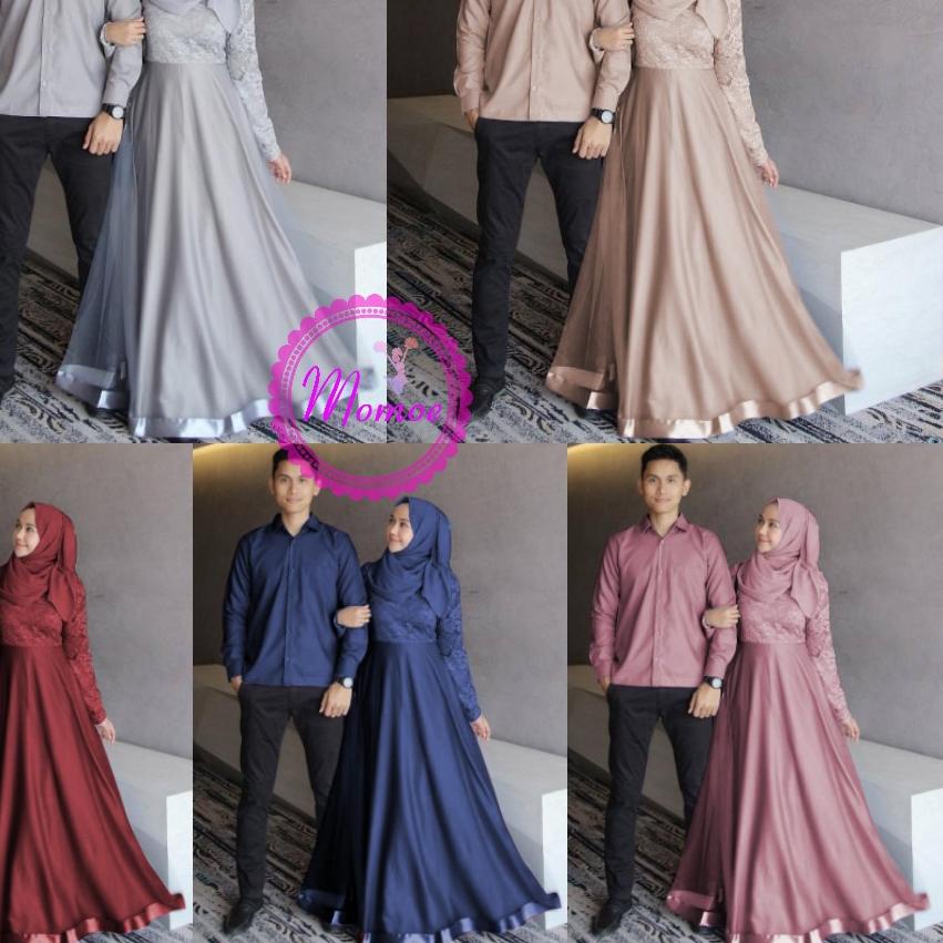COD✔️Couple Gamis Muslim Agoda | Baju Pasangan Muslim Remaja Dewasa Gamis Brukat Furing Kemeja Lenga