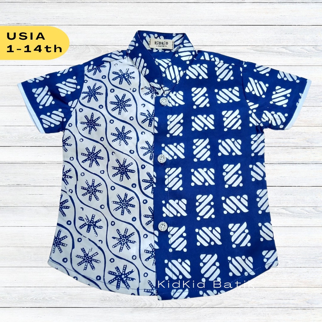 Baju Batik Anak Laki Kemeja Batik Anak Kombinasi Hem Biru Modern Kekinian Usia 1-14 tahun