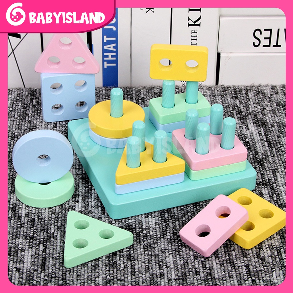 Montessori 3D Puzzle Stacking Warna Wooden Toy Matching Shape Mainan Mainan Anak 2 Tahun Puzzle Kayu