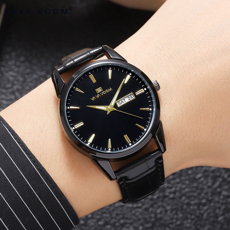VAVAVOOM Jam Tangan Pria Original Anti Air Tahan Kulit Analog Men Watch Hitam Putih Biru Cod-5