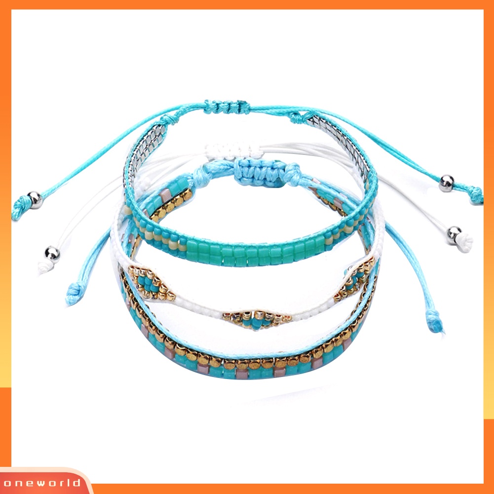 [WONE] 3pcs/set Boho Wanita Cube Manik-Manik Tali Lilin Anyaman Gelang Pantai Perhiasan Hadiah