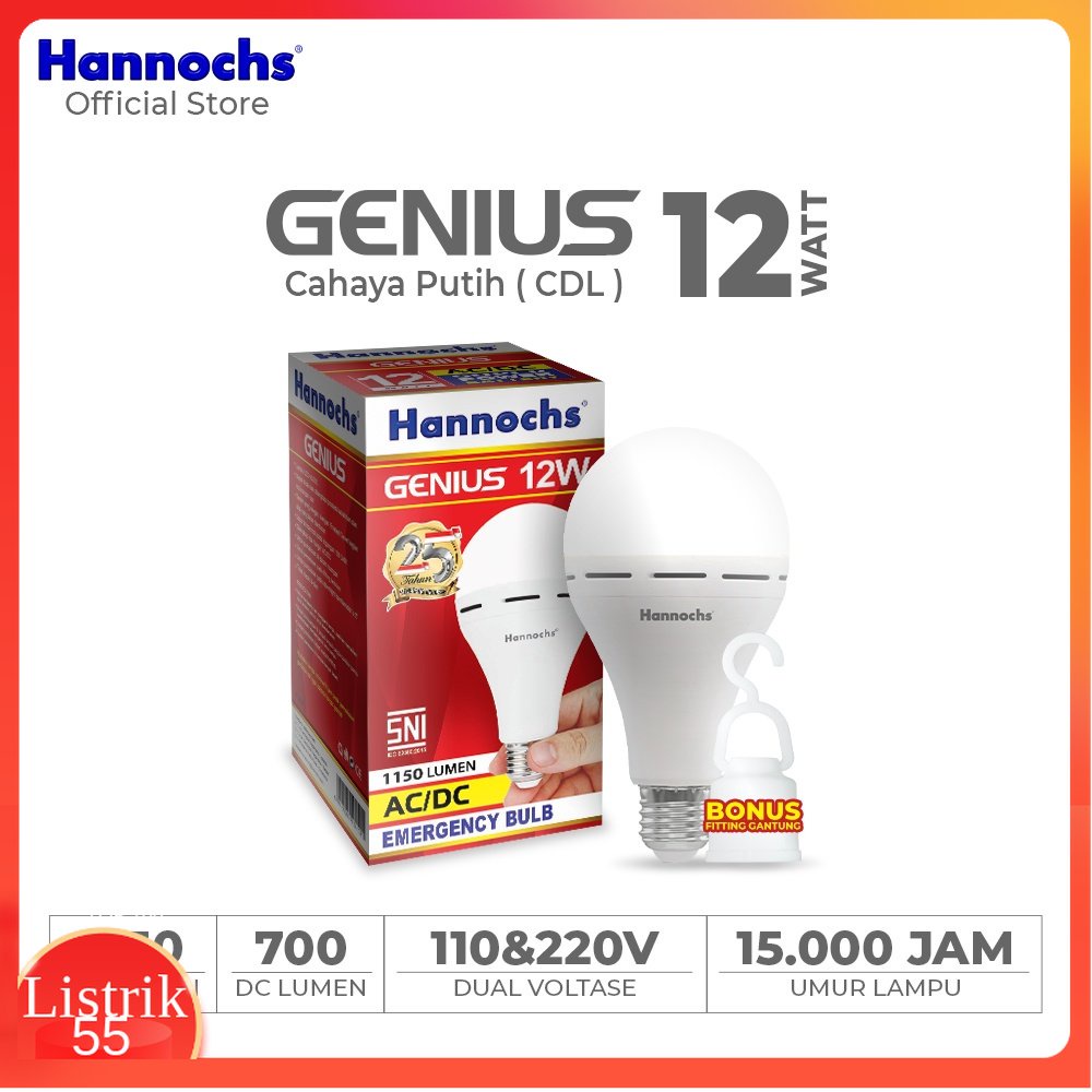 Hannochs Lampu Emergency Led AC/DC Genius 12 watt cahaya Putih