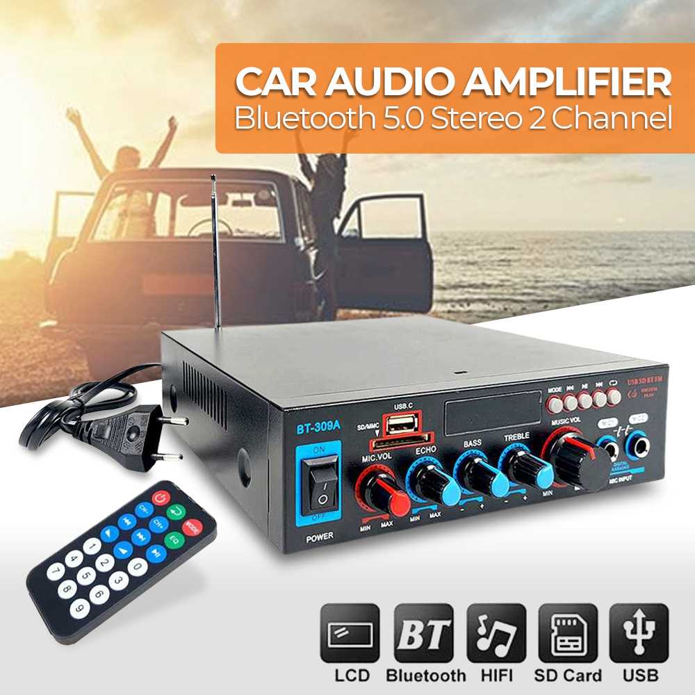 VCACA Car Audio Amplifier Bluetooth 5.0 Stereo 2 Channel 800W - BT-309A ampli mini  Amplifier ini memiliki port input stereo untuk speaker kiri dan kanan. karoke 2 port mic