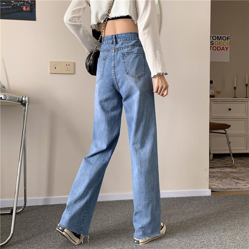 Korean Highwaist Loose Rawis Kasual Jeans Wanita Hot Sale