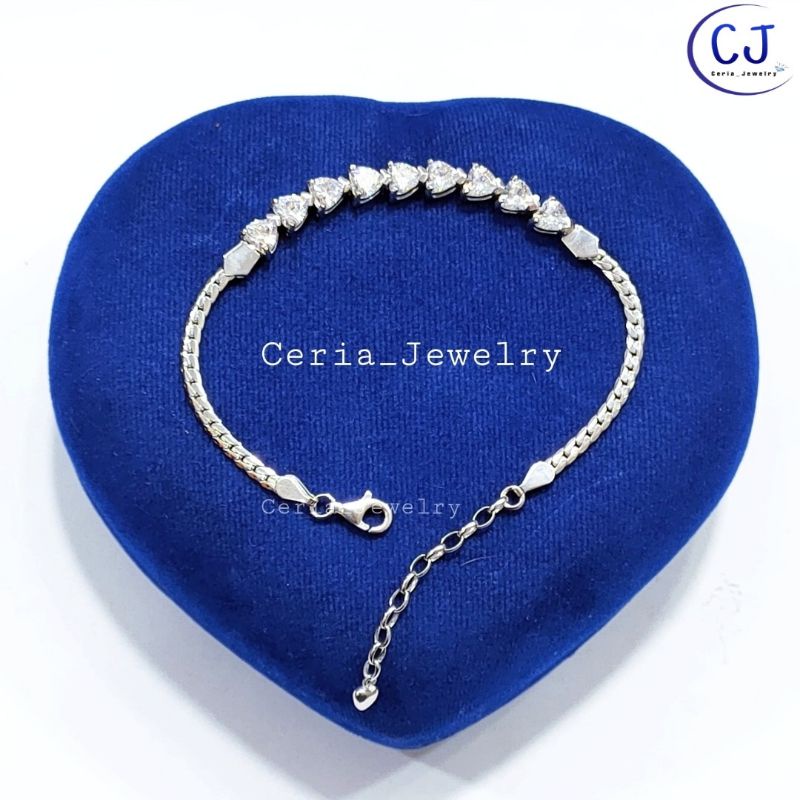 Gelang Perak Asli Silver Wanita 925 Lapis Emas Putih Model Diamond love