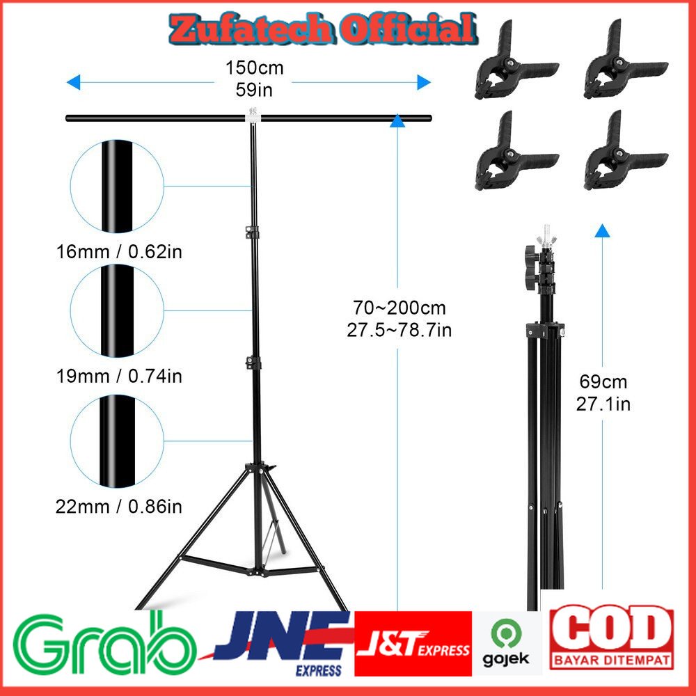 Stand Background Backdrop Photography T-Shape 70x200/200x150/200x260/60x70cm with 4 Clamp Clip - Black