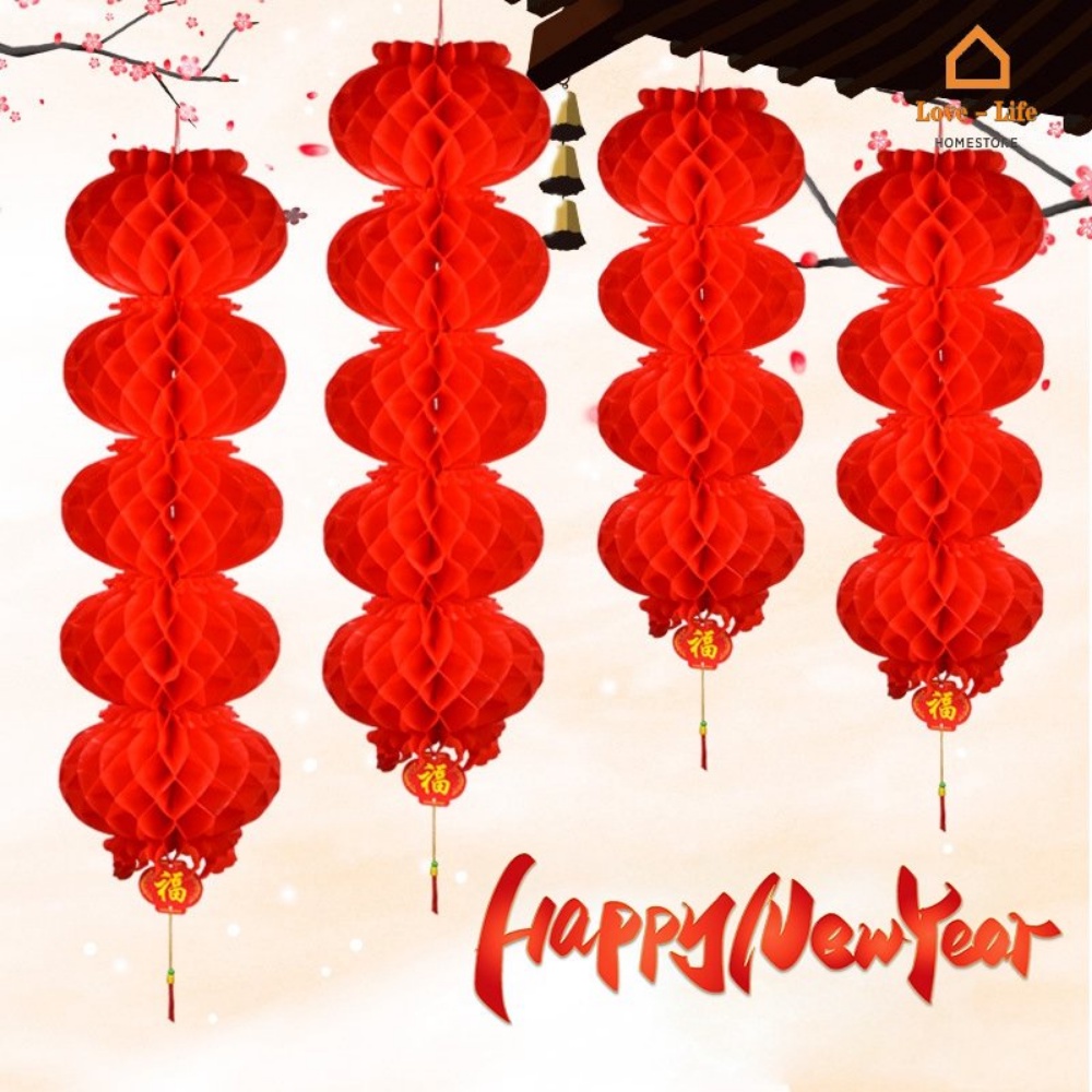 Waterproof Hanging Ornament Plastic Paper Lantern String Honeycomb Lampion Lipat Lampion Kertas Iklan Merah Imlek