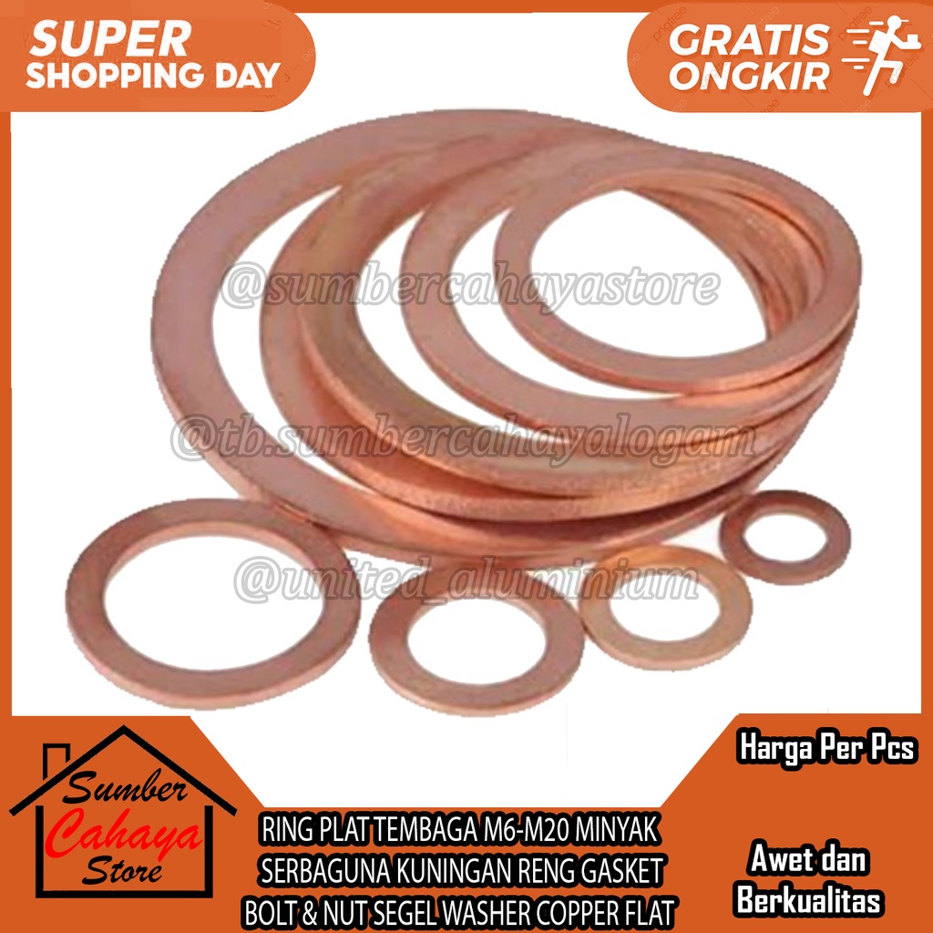 RING PLAT TEMBAGA M6-M20 MINYAK SERBAGUNA KUNINGAN RENG GASKET BOLT & NUT SEGEL WASHER COPPER FLAT F