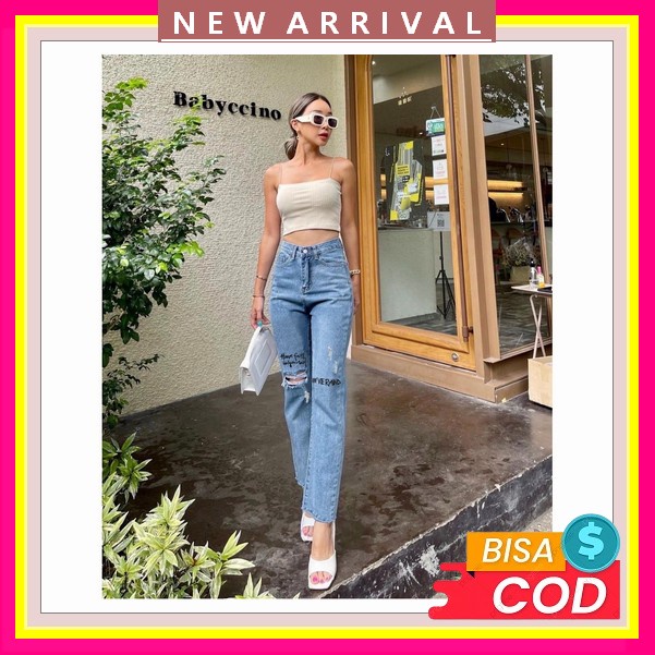 Celana Kulot Jeans Wanita Putih Lilac Hitam Highwaist Denim Jins Cewek Cullote Cutbray Hopylovy Cela