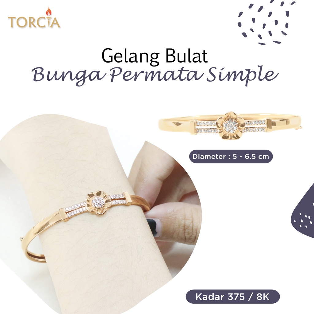 Gelang Bulat Emas Asli Bunga Permata Simple Kadar 375 Torcia