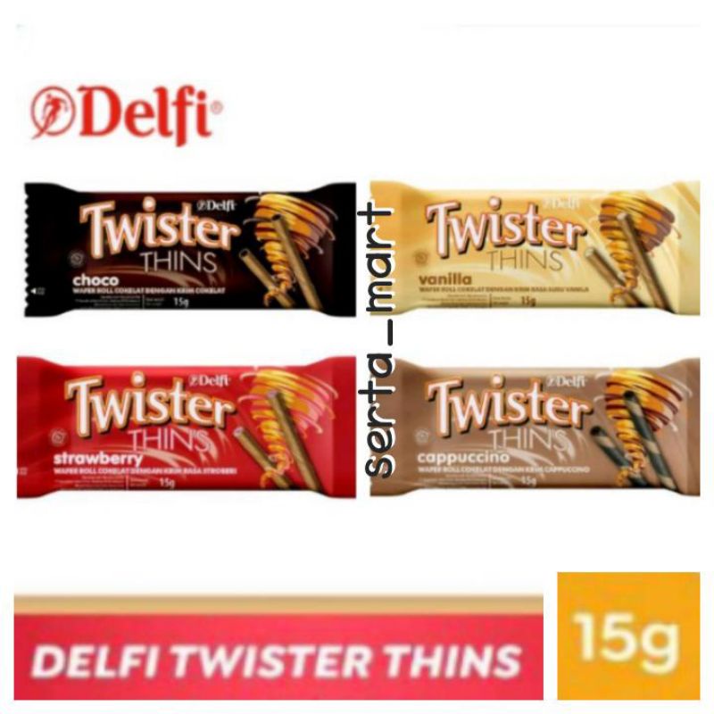 

Delfi Twister Thins 15gr - Wafer Twister Rolls Vanilla / Cokelat / Strawberry / Cappucino