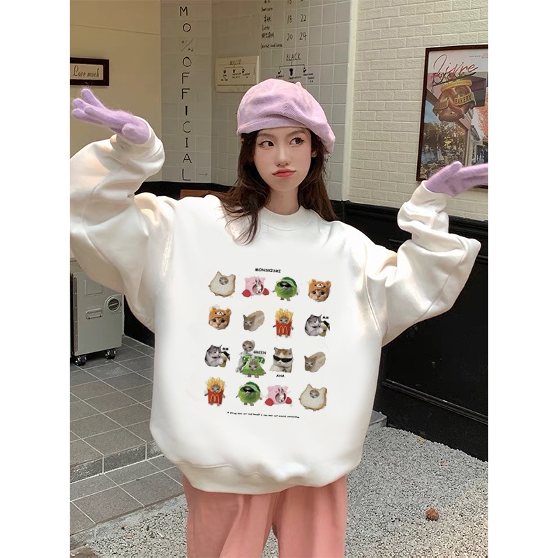 sweater putih oversize wanita pattern printing sweater jumbo kekinian basic lengan panjang sweater motif