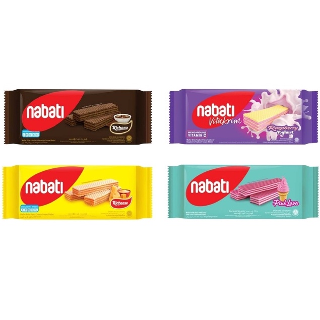 wafer nabati rasa krim keju 122gr, krim coklat 122gr, pink lava 132gr, raspberry yogurt 122gr