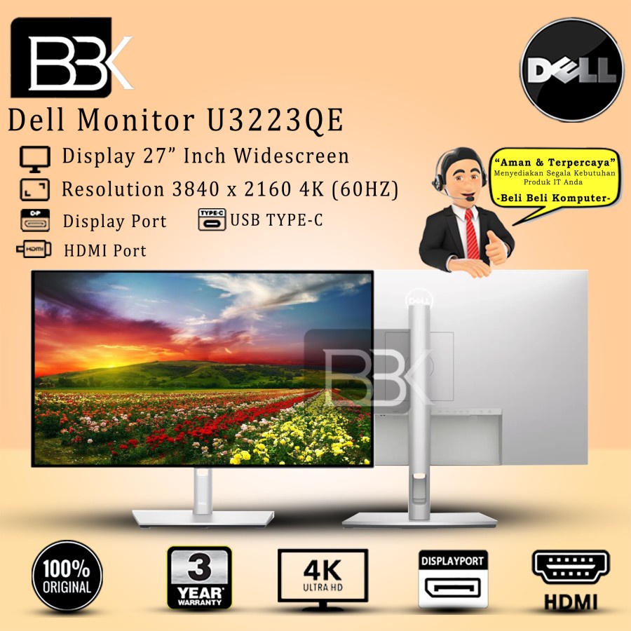 Monitor DELL U3223QE 4K UHD 60Hz Ultrasharp 32" Inch USB Type-C 3 Year