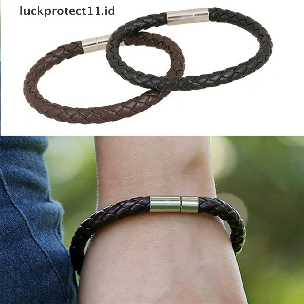 /Fashion Hot// Fashion// Wanita Pria Hitam Kulit Charm Gelang Stainless Steel Gelang Gesper Magnet.
