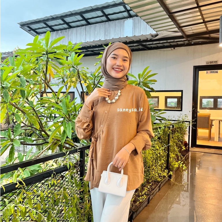 Hela Top Blouse Crinkle Kemeja Wanita Kekinian - Atasan Wanita Crinkle Airflow - Atasan Wanita Lengan Panjang - Blouse Tali Samping - Kemeja Basic - Ghina Top Crinkle