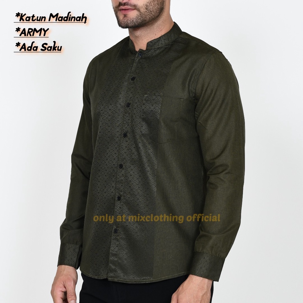 Timofey Koko Muslim Pria Lengan Panjang Slim Fit Premium Hem Lebaran Hijau Army