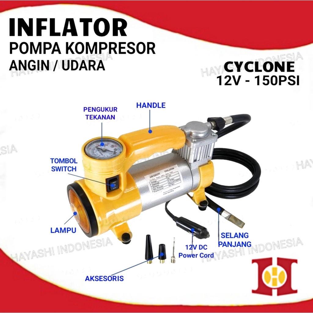 Pompa Elektrik Tekanan Angin Ban Inflator Kompresor Udara DC 12V