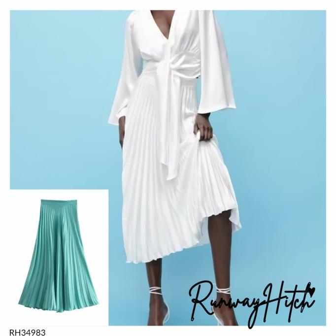 ROK MIDI SATIN PLISKET PUTIH IMPORT RH34983 / ROK SILK PLEATS BIRU