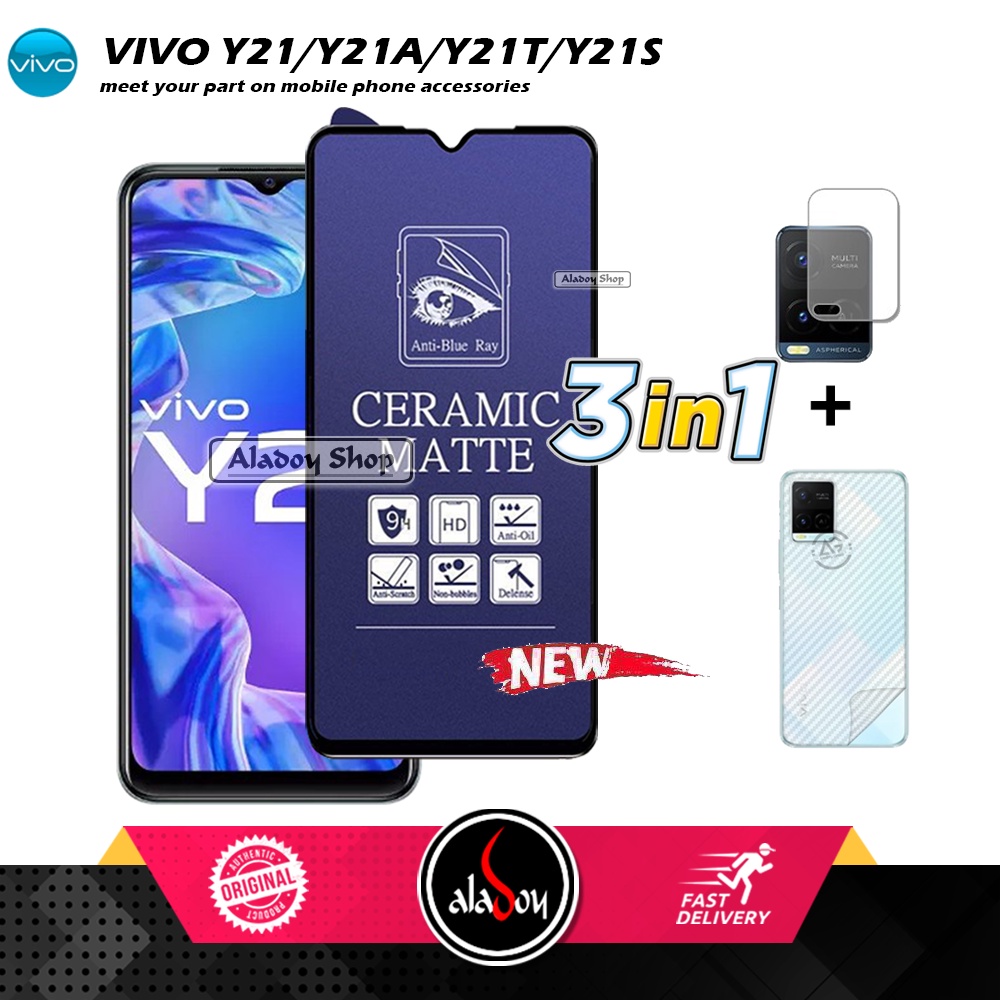 PAKET 3IN1 Anti Gores Blue Matte Anti Glare Vivo Y21/Y21S/Y21A/Y21T + Tempered Glass Camera dan Skin Carbon