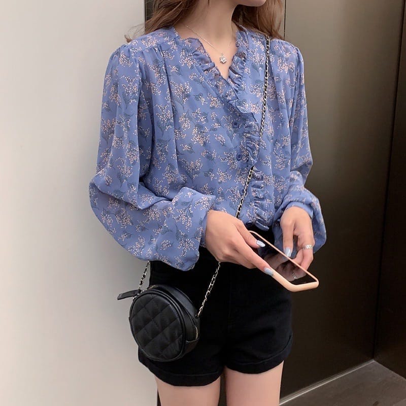 BEFAST - ZEC OOTD KEMEJA SHENA / Chaera Korean Blouse / Fashion Kekinian Remaja ABG / Kemeja Wanita Keluaran Terbaru / Hem Lengan Panjang / Pakaian Casual Wanita Kerja / Outfit Ala Korean Style Wanita / Kemeja Motif Bunga