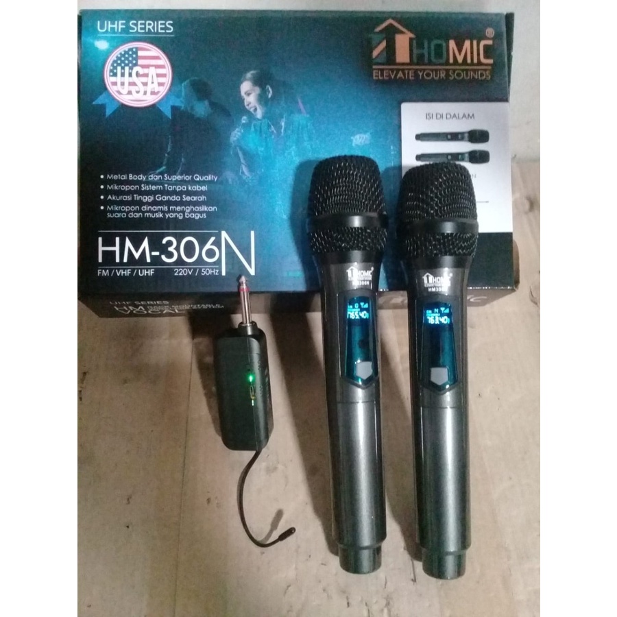 Microphone Double Wireless Homic HM-306N Mic Vokal Tanpa Kabel Original