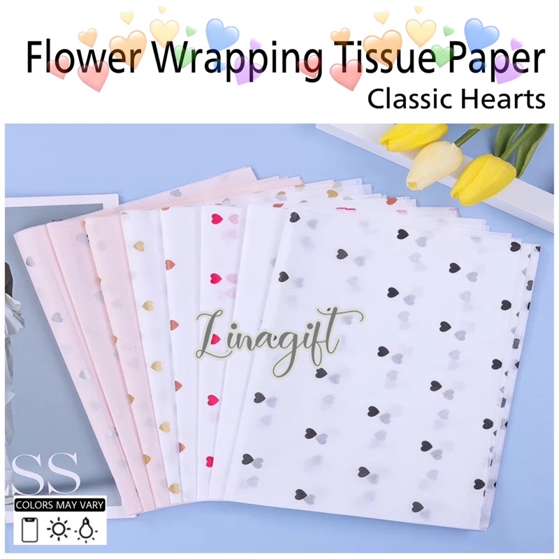 ( 5 Lembar ) CLASSIC HEARTS - FLOWER WRAPPING TISSUE PAPER / KERTAS TISU / BUKET BUNGA / KERTAS BUNGA