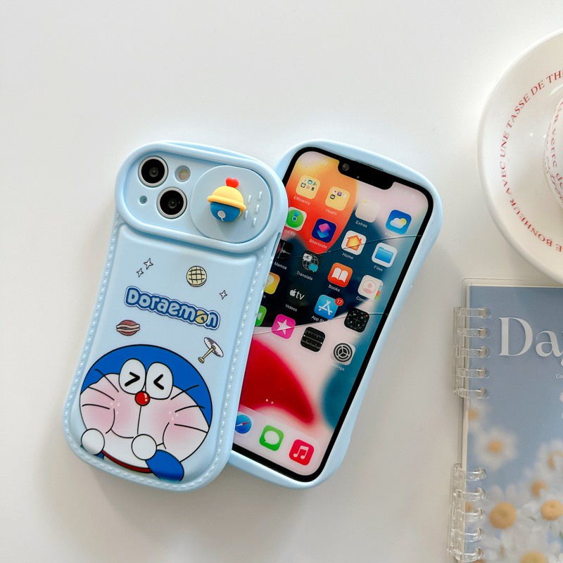 Lovely Doraemon Doll Push The Window Cover Soft Case iP iPhone 11 12 13 14 Pro Max Blue Casing Apple