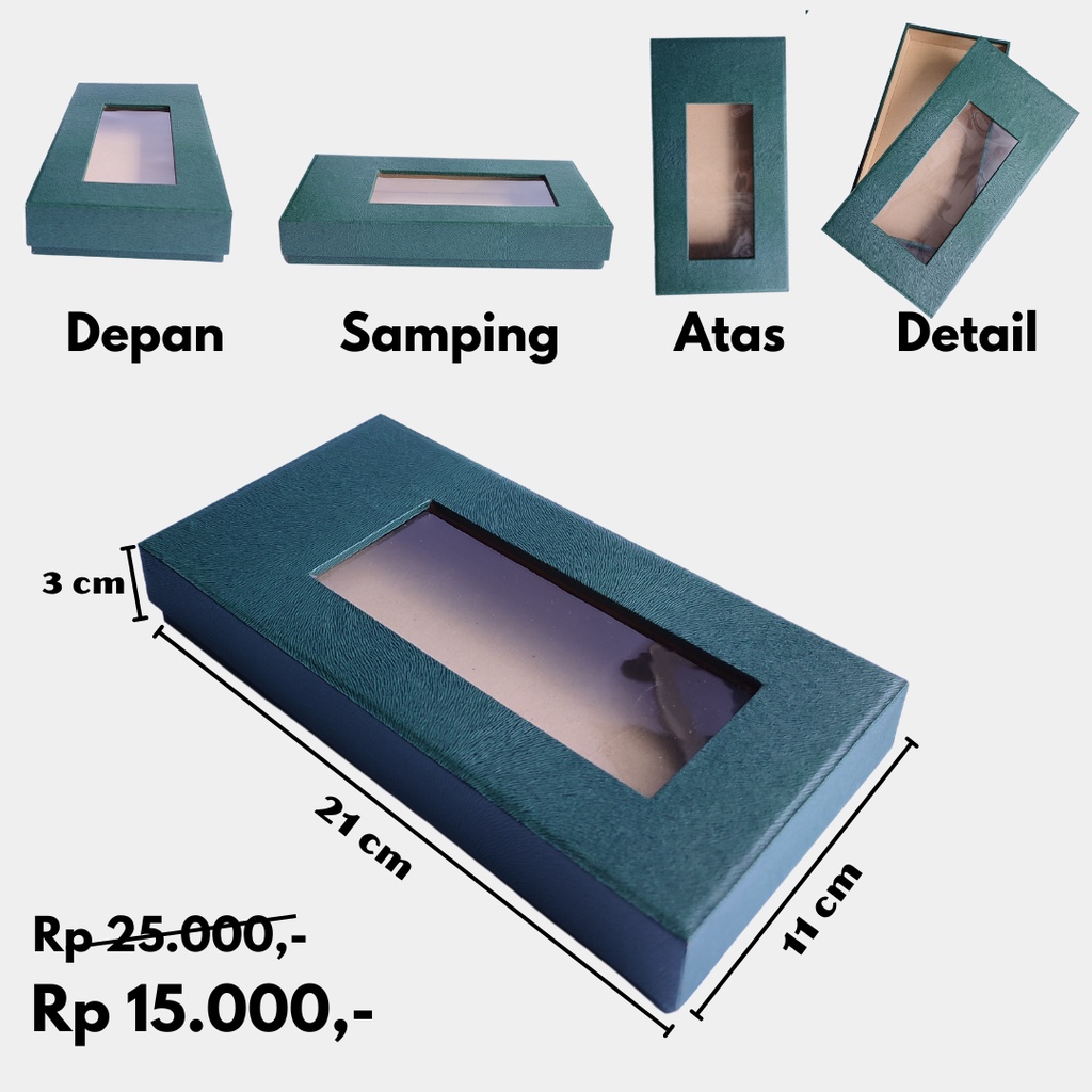 

Kotak Hadiah Elegan Buka Tutup - Warna Hijau Tua, Ukuran 21x11x3 cm, dilengkapi Aksesoris Mika