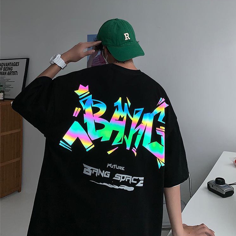 KAOS PASANGAN MEREK RETRO LENGAN PENDEK AMERIKA BF GAYA LASER REFLEKTIF KEBESARAN OVERSIZE LENGAN TIGA PEREMPAT