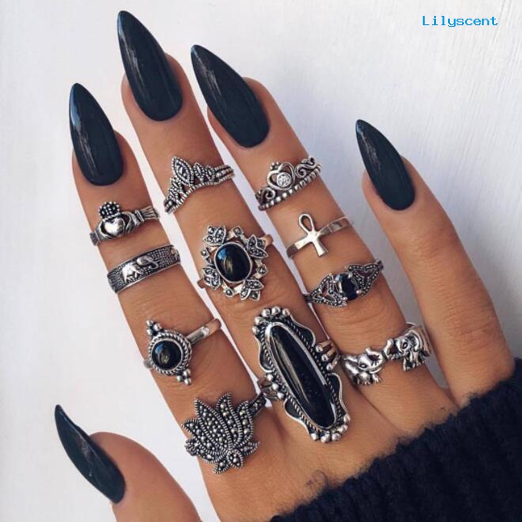 [LS]11/1/13 /15 Pcs Ukir Bunga Stackable Knuckle Rings Alloy Bohemia Hitam Faux Permata Jari Cincin Perhiasan Aksesori