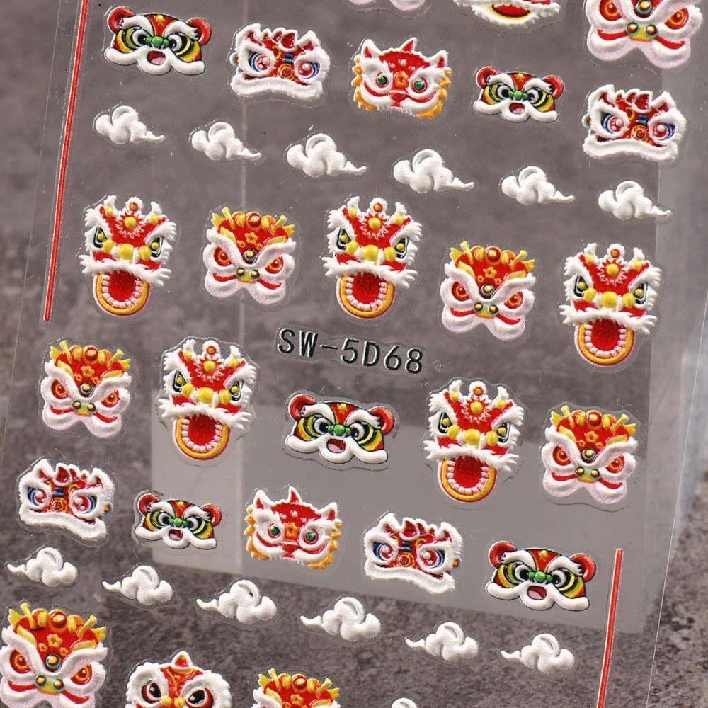 Rebuy Chinese New Year Nail Stiker Fashion Cute Lion New Year Nail Art Manicure Aksesoris FU Karakter Dekorasi Nail Art Karakter Cina