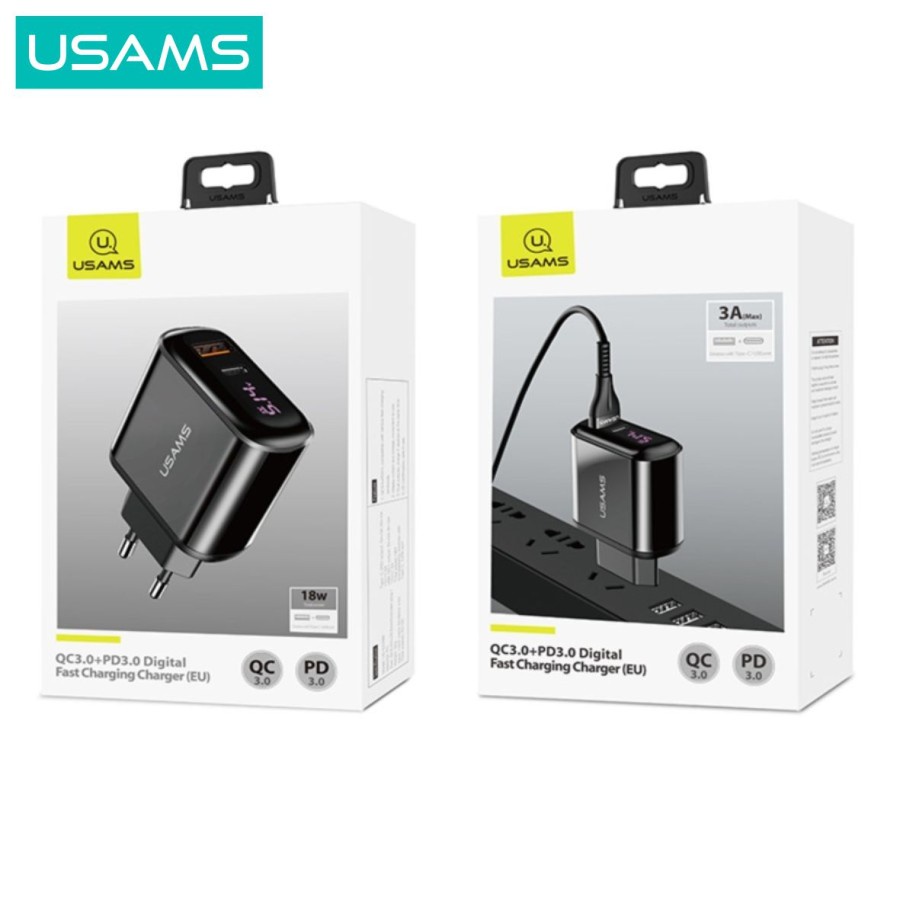 USAMS CC085 T23 Kepala Adapter Charger 18W Digital Display Dual Port Output QC3.0 PD3.0 Fast Charging