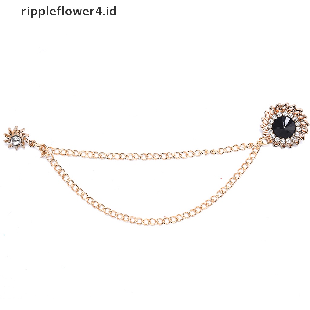 {rippleflower4.id} Retro Crystal Jam Bros Setelan Baju Rumbai Rantai Lapel Pin Wanita Pria Perhiasan~