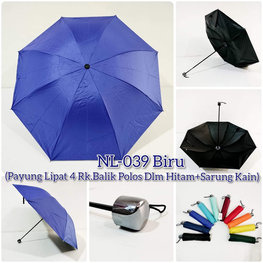 Payung Lipat 4 Premium Rangka Balik Warna Polos Dalam UV Hitam + Sarung Kain Eksklusif