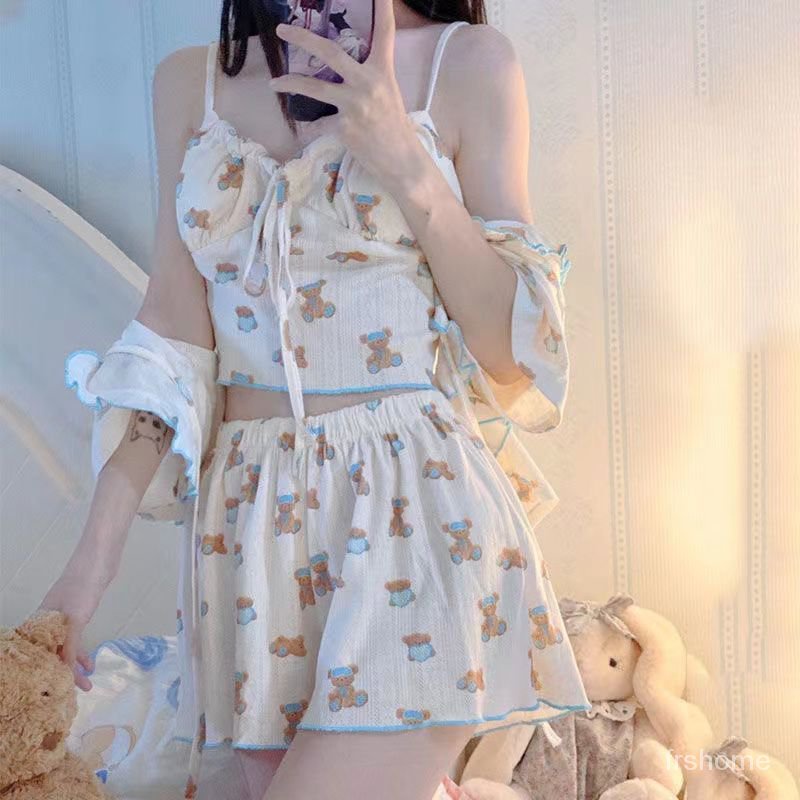 FRS home piyama asli baru musim panas gadis-gadis lucu kartun cinta suspender lucu tiga set