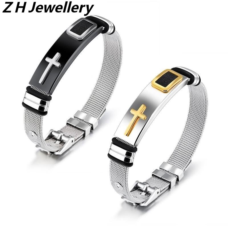 [Z H Perhiasan] Hip Hop Rock Retro Pria Fashion Stainless Steel Silikon Salib Gelang Pesta Perhiasan Aksesoris 17.5 Cm~21 cm