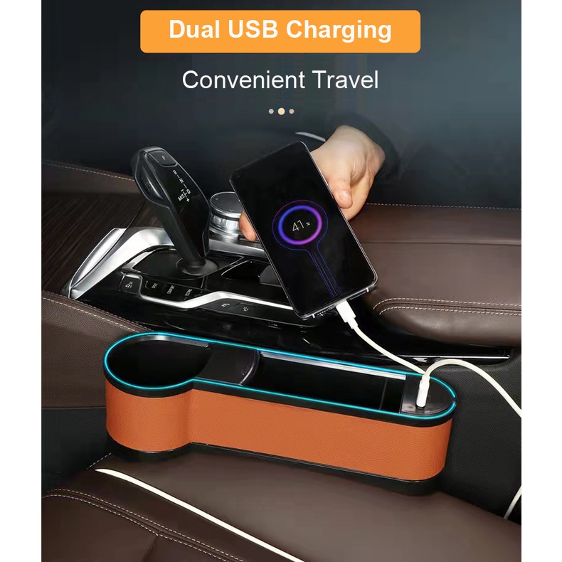 Car Seat Storage Box Kursi Mobil USB Ambient LED Side Pocket Cup Holder Organizer