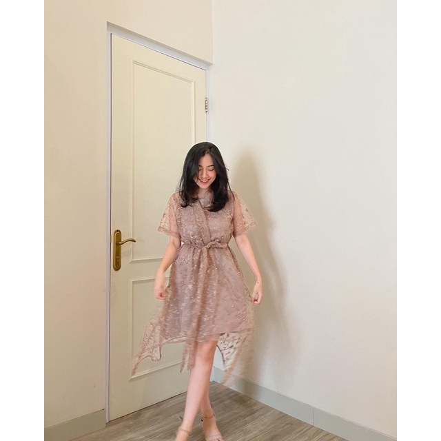 Paquita Dress by NAMELIS - READY SUDAH SATU SET Dress Midi Satin Tile Mutiara untuk Kondangan Bridesmaids Pesta Party Wisuda