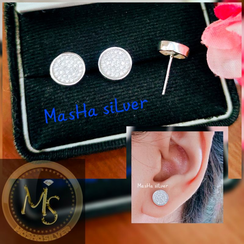 ANTING TUSUK/GIWANG PERAK ASLI SILVER 925 LAPIS MAS PUTIH_ANTING BULAT FULL ZIRCON