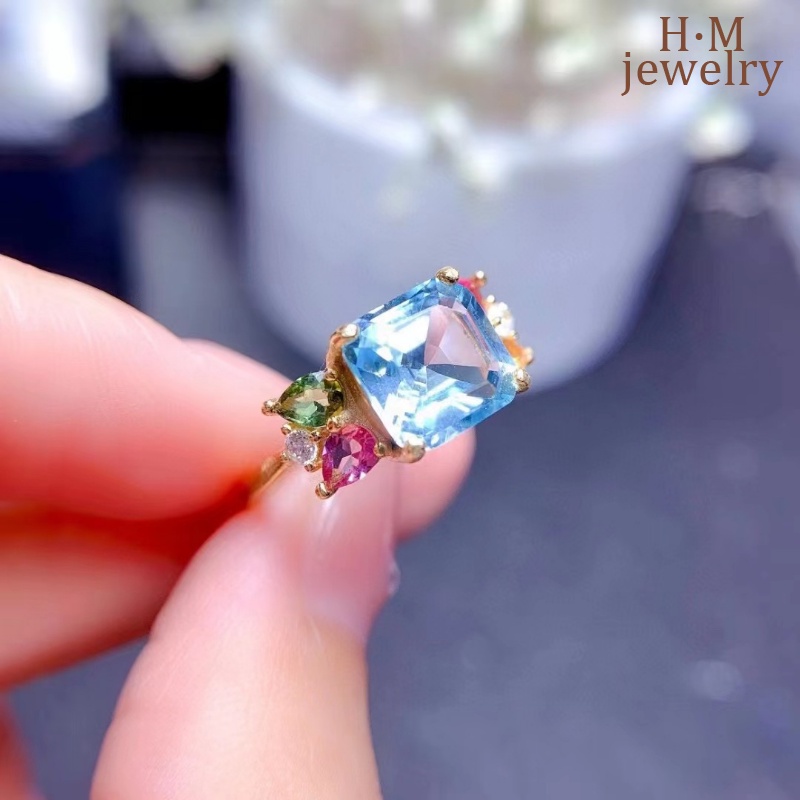 Cincin Emerald Topaz Baru Aquamarine Open Jewelry