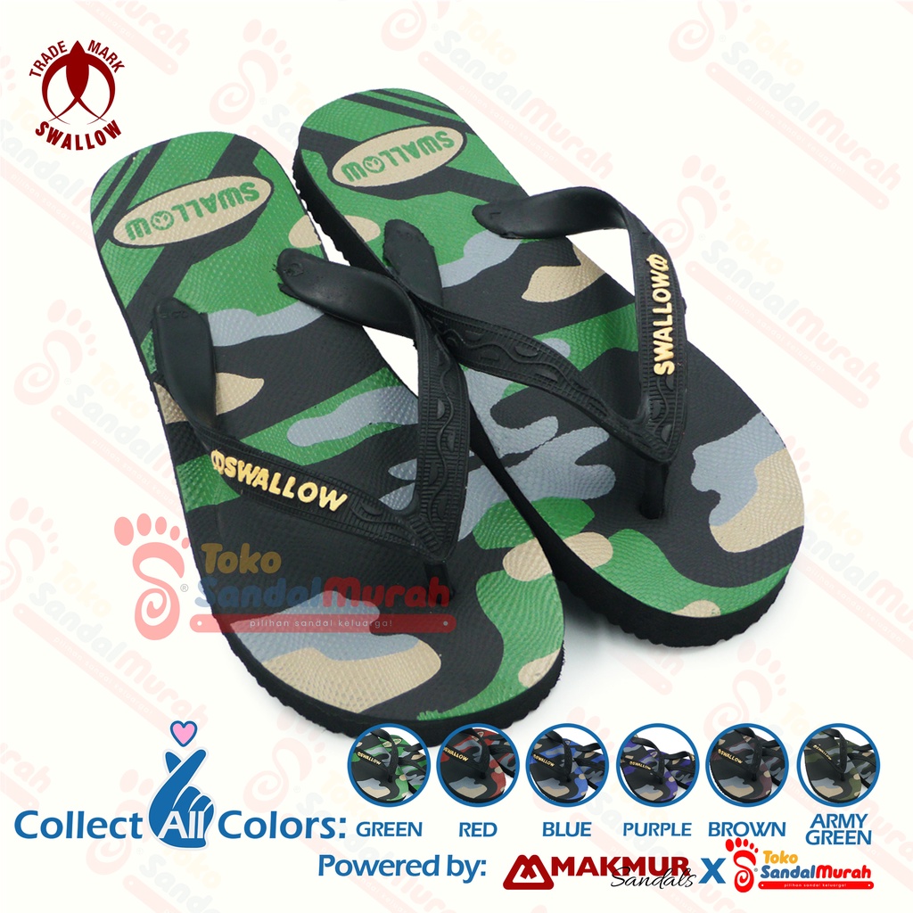 Toko Sendal Murah - Sendal Swallow terbaru - Sandal Jepit Swallow Camo - Motif Military Original. Sandal Japit original legendaris Swallow Indonesia dengan bahan karet terbaik. Flip Flop empuk dan anti slip. Sendal rumah atau sandal untuk jalan jalan