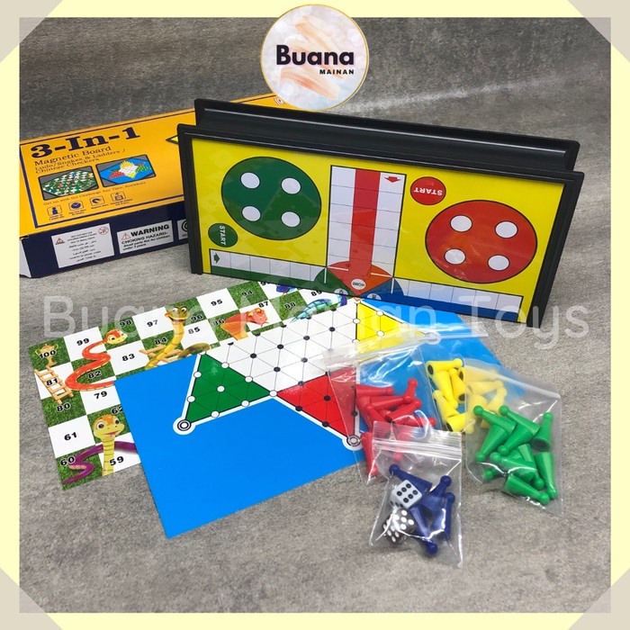 Mainan Papan Magnet 3 In 1 - Ular Tangga - Halma - Ludo