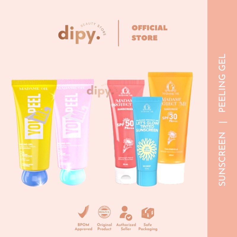 MADAME GIE - Protect Me Sunscreen SPF 30 PA+++ With Calendula Extract Let’s Glow Tint Hybrid Sunscreen SPF 50 PA+++ Anti UVA UVB Pelindung Sinar Matahari Waterproof Ringan You Peeling Me Exfoliating Gel Perontok Daki Viral BPOM