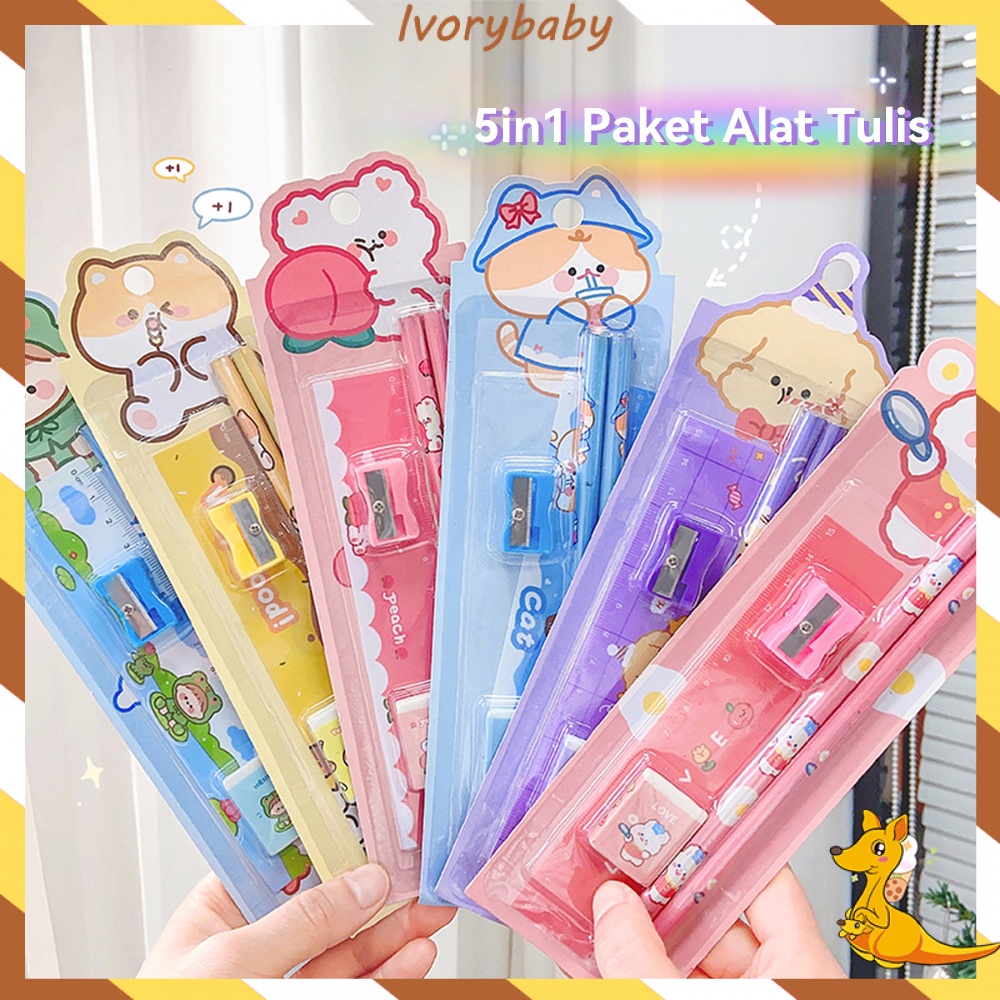 Ivorybaby 5in1 Alat tulis sekolah lucu Alat tulis pensil stationery set