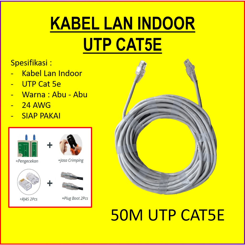 Kabel LAN Indoor RJ45 UTP Cat5e Internet Jaringan Indoor CCA Panjang 50 Meter Siap Pakai