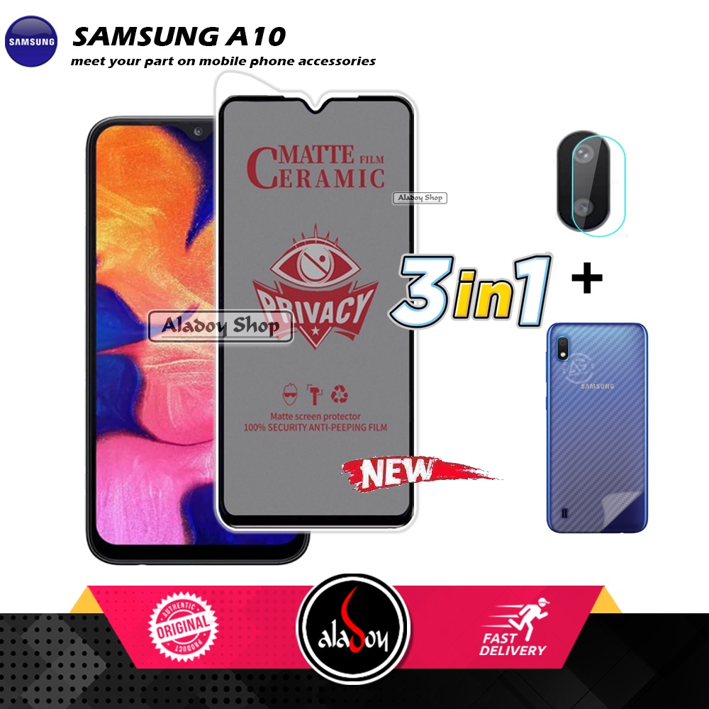 Tempered Glass Anti SPY Samsung A10 Anti Gores Privacy + Tempered Glass kamera dan Skin Carbon