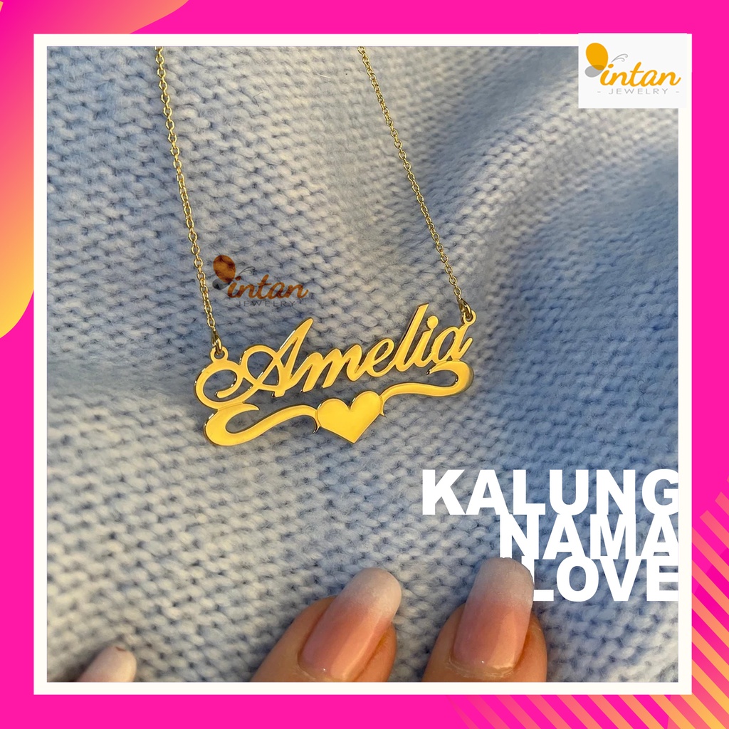 Kalung nama love ukir custom huruf inisial titanium anti karat lapis emas asli aksesoris fashion wan